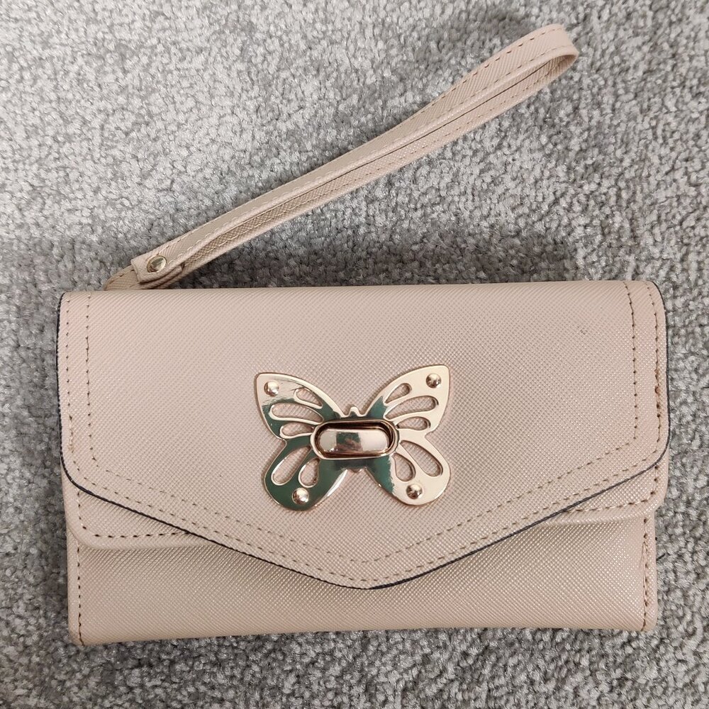 Ardene Women's Tri Fold Wristlet Beige Butterfly Metal Twist Turn Lock Closure
